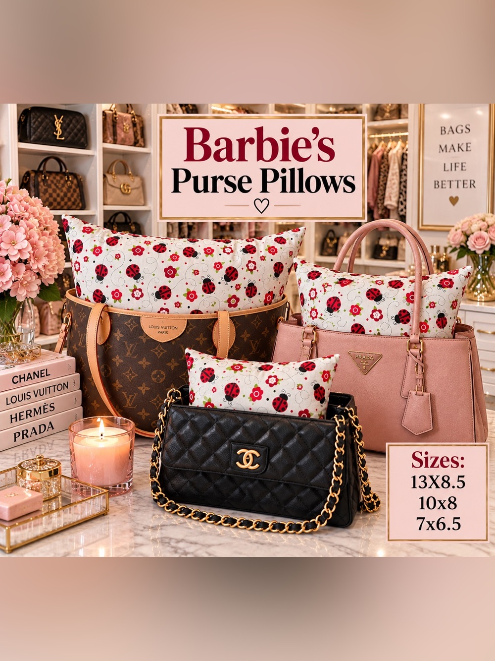 Barbie's Purse Pillows - White with Red Ladybug & Flower Print Set of 3~